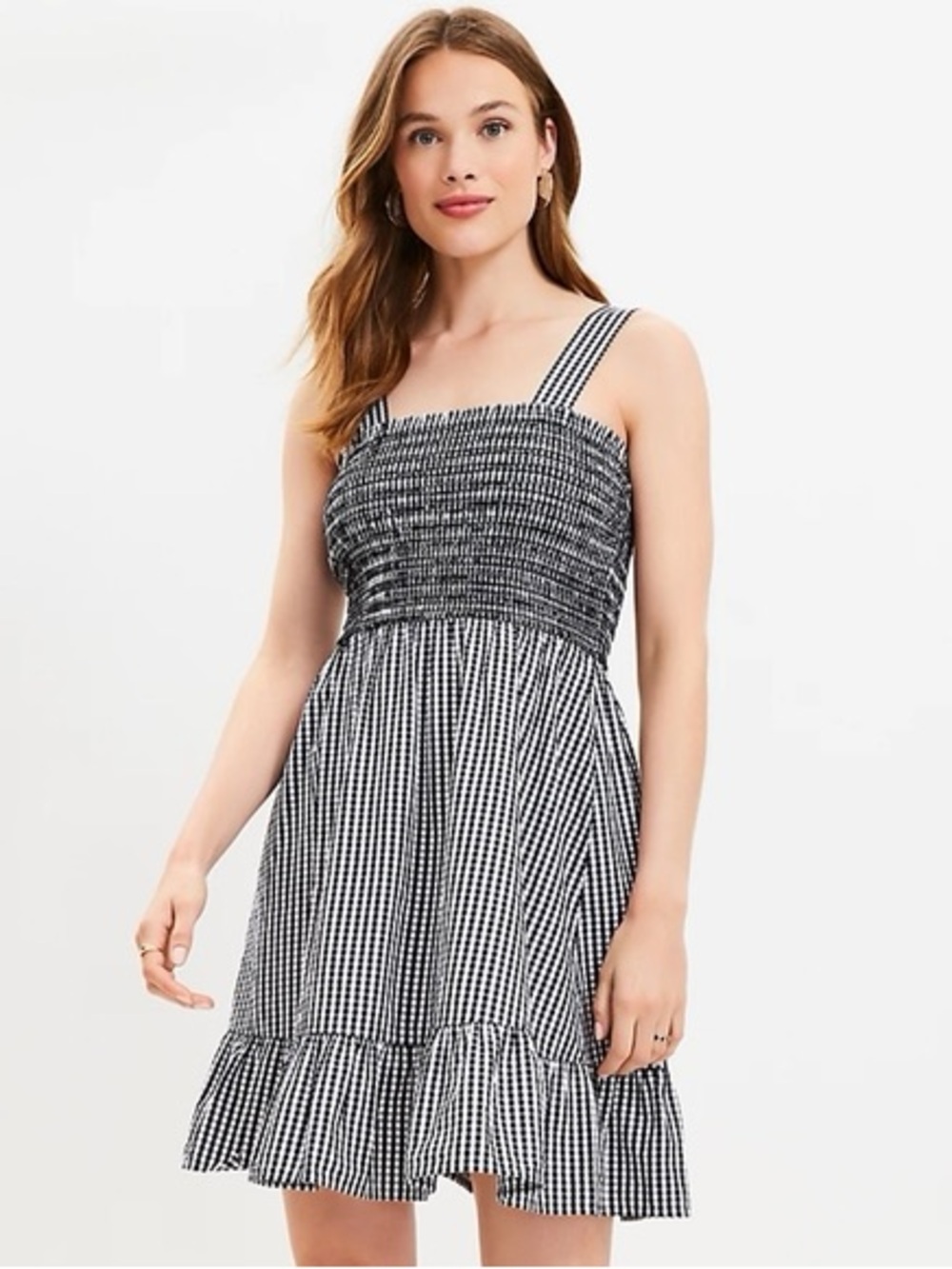 LOFT Black & White Gingham Smocked Sundress - Women